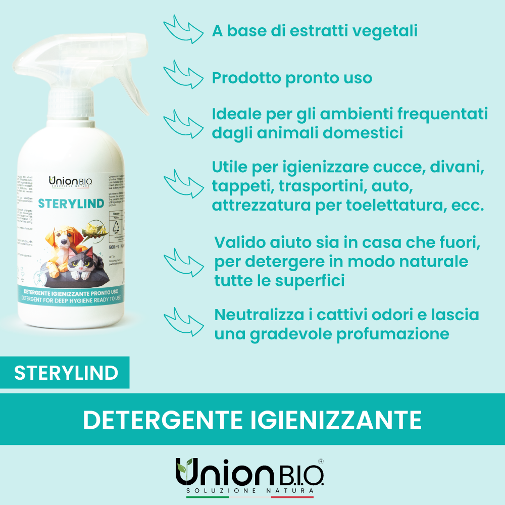 Sterylind Union Bio – Igienizzante Deodorante Naturale per Ambienti e Superfici | Spray Elimina Odori per Cucce, Lettiere e Trasportini