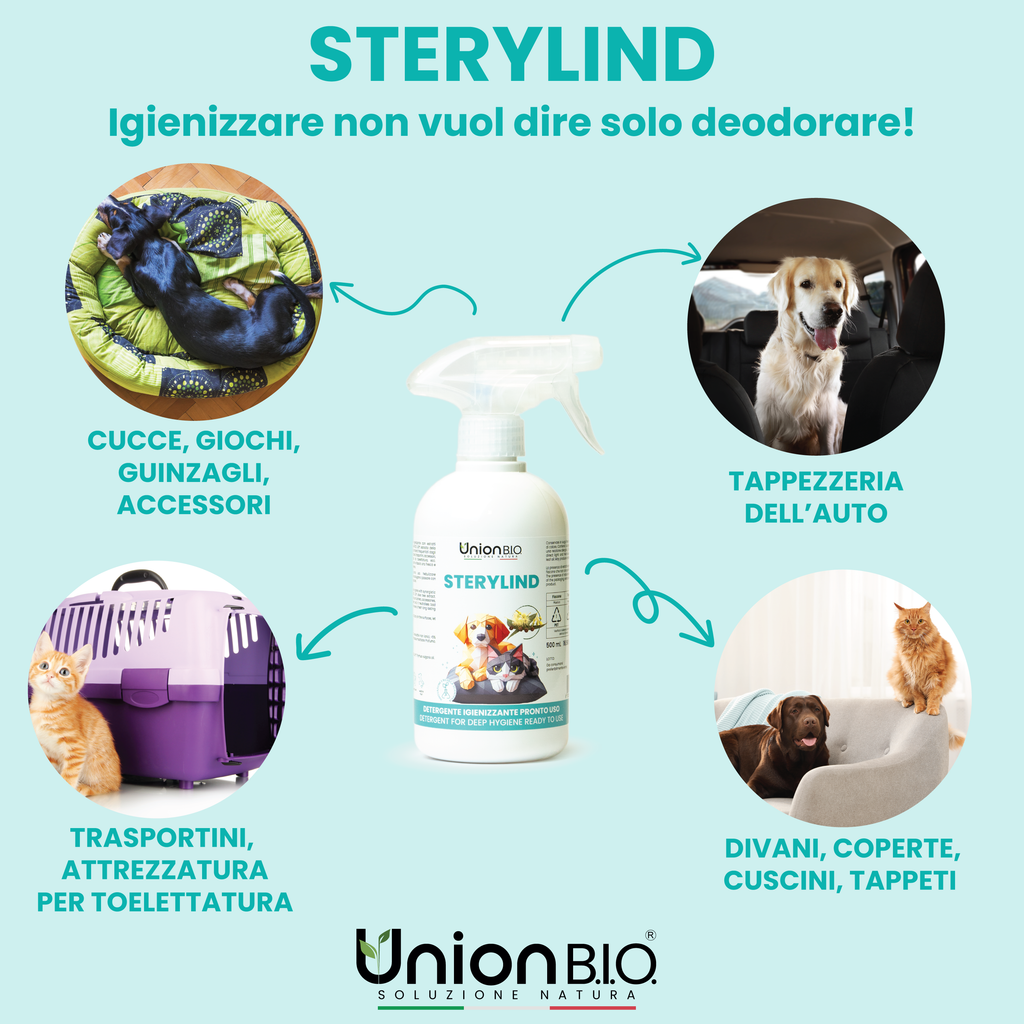 Sterylind Union Bio – Igienizzante Deodorante Naturale per Ambienti e Superfici | Spray Elimina Odori per Cucce, Lettiere e Trasportini